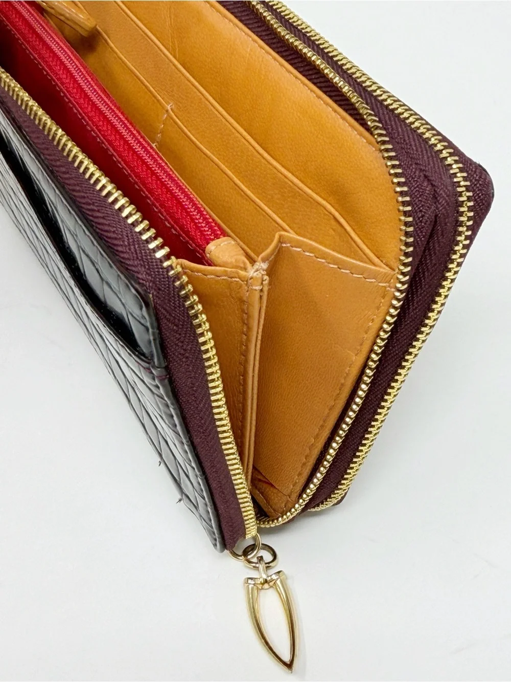 Tusk Croc Embossed Leather Double Zip Around Continental Wallet Burgundy